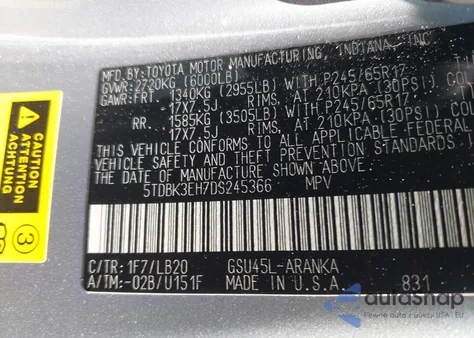 2013 Toyota Highlander Plus/Se из США, поврежденный, VIN 5TDBK3EH7DS245366